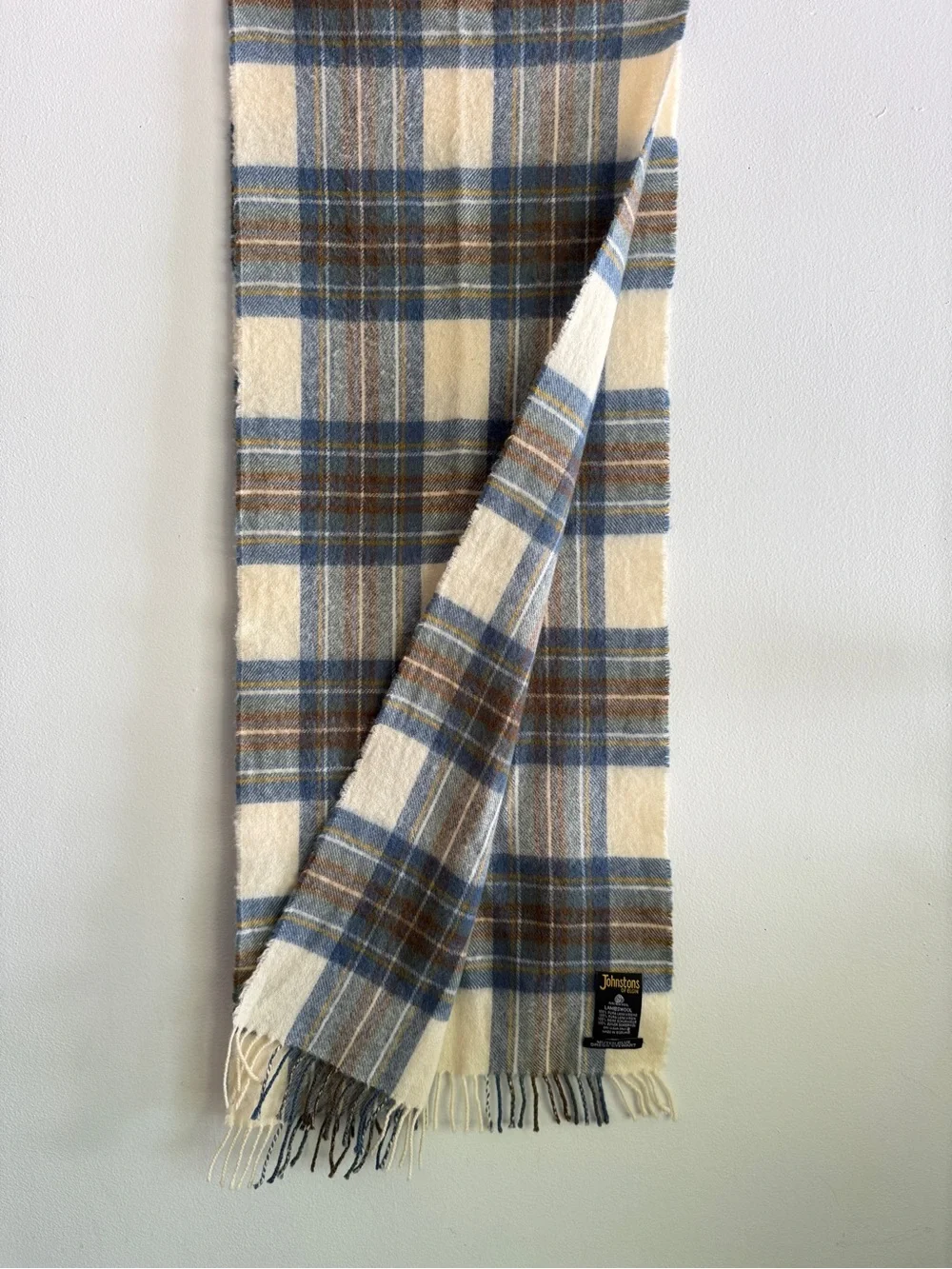 Johnstons of Elgin Lambswool Scarf Muted Blue Dress Stewart Plaid Scotland 74x14